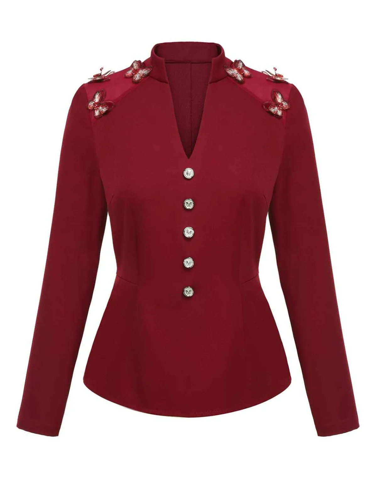 Sale Retro Stage 1940s Stand Collar Butterflies Blouse Red