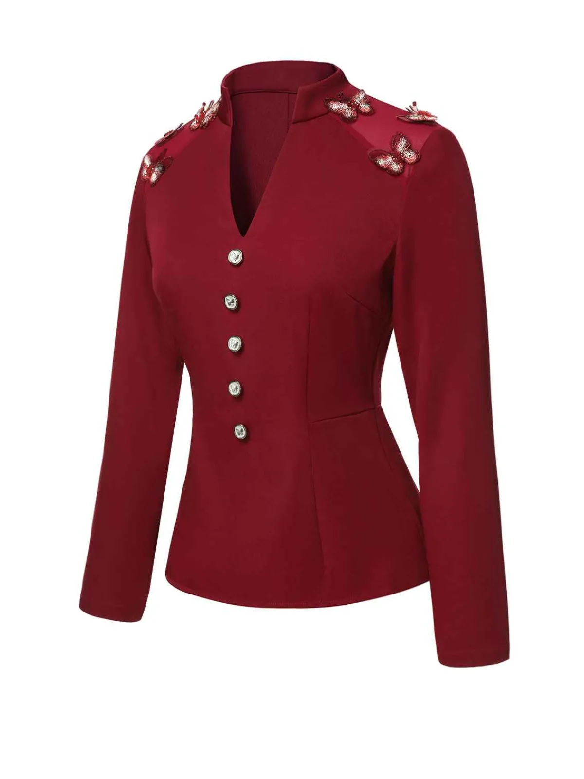 Sale Retro Stage 1940s Stand Collar Butterflies Blouse Red