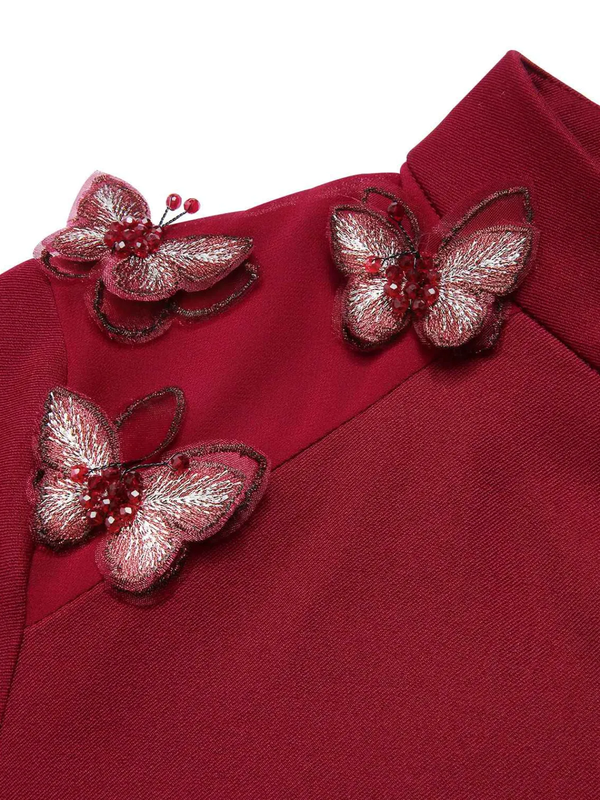 Sale Retro Stage 1940s Stand Collar Butterflies Blouse Red