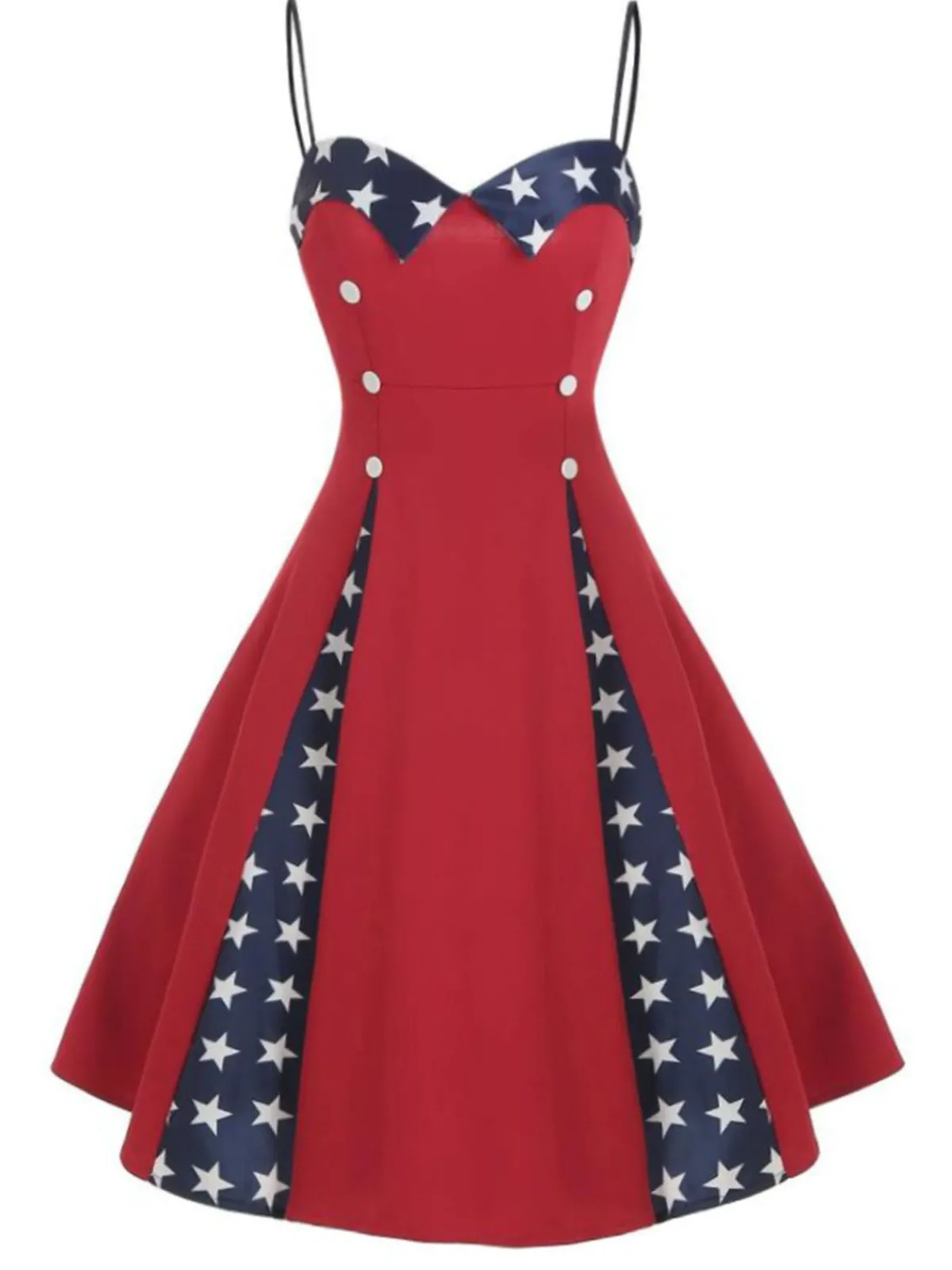Online Retro Stage 1950s Stars Patchwork Strap Dress Red