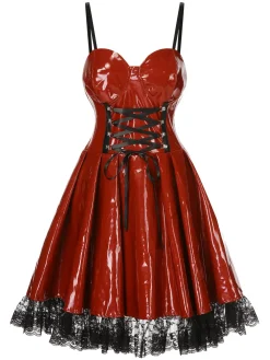 Discount Retro Stage 1970s Steampunk Glossy Lace-Up Suspender Dress Red