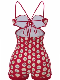 Discount Retro Stage 1950s Strap Floral One-piece Swimsuit Red