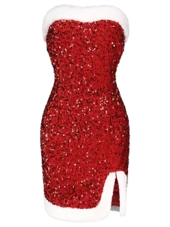 Sale Retro Stage 1960s Strapless Sequined Dress Red