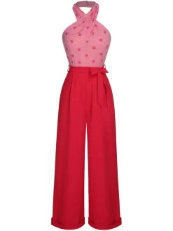 Outlet Retro Stage 1950s Strawberry Cross Halter Jumpsuit Red