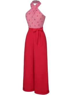 Outlet Retro Stage 1950s Strawberry Cross Halter Jumpsuit Red