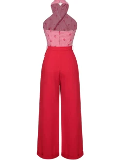Outlet Retro Stage 1950s Strawberry Cross Halter Jumpsuit Red