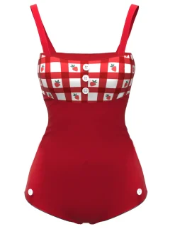 Best Retro Stage 1950s Strawberry Plaid Suspender Swimsuit Red