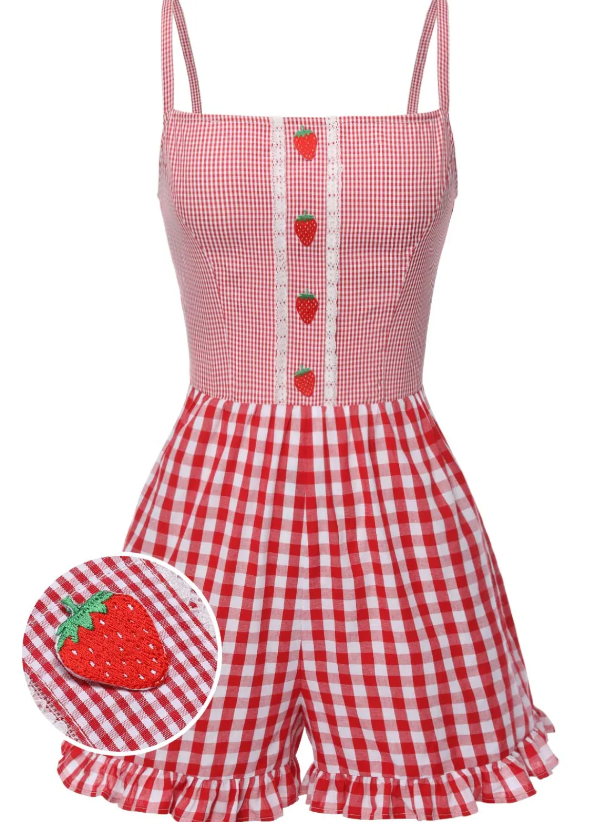 Best Retro Stage 1950s Strawberry Plaid Suspender Romper Red