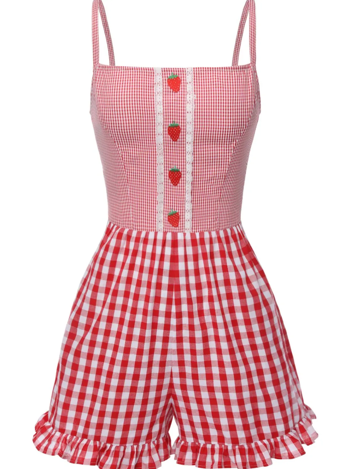 Best Retro Stage 1950s Strawberry Plaid Suspender Romper Red