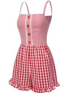Best Retro Stage 1950s Strawberry Plaid Suspender Romper Red