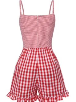 Best Retro Stage 1950s Strawberry Plaid Suspender Romper Red