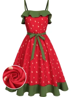 Discount Retro Stage 1950s Strawberry Ruffle Belt Dress Red