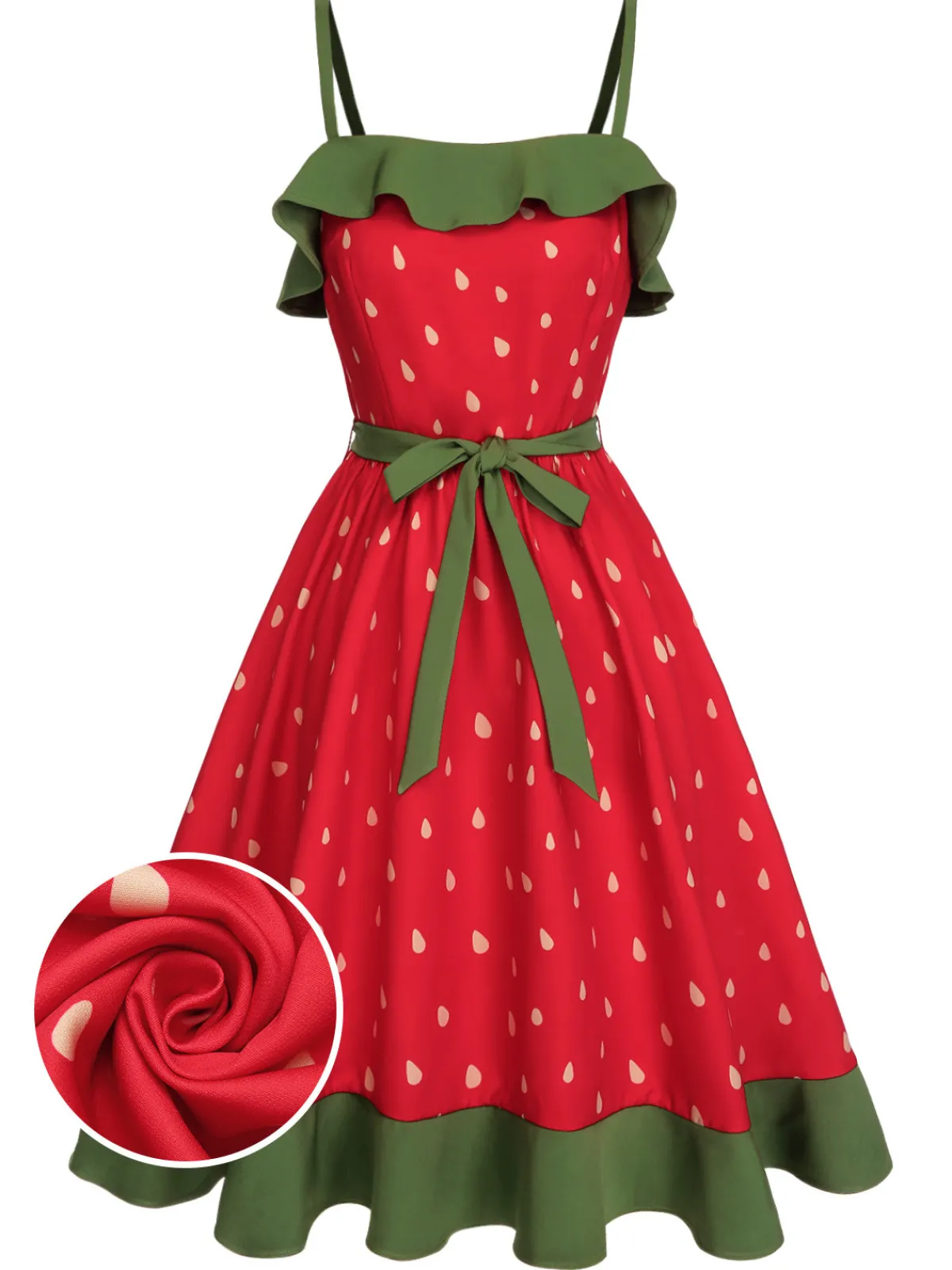 Discount Retro Stage 1950s Strawberry Ruffle Belt Dress Red