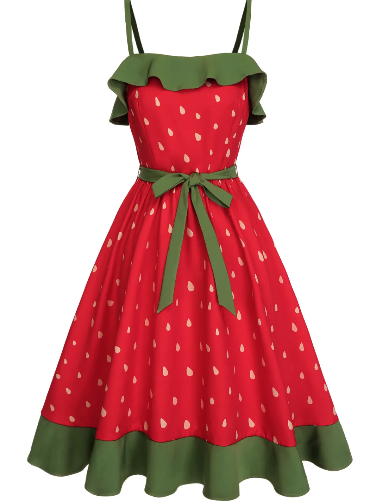 Discount Retro Stage 1950s Strawberry Ruffle Belt Dress Red