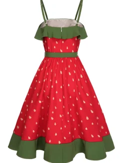 Discount Retro Stage 1950s Strawberry Ruffle Belt Dress Red