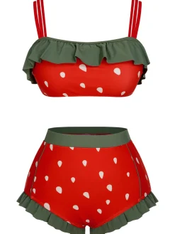 Hot Retro Stage Red 1950s Strawberry Ruffle Strap Swimsuit