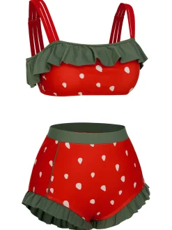 Hot Retro Stage Red 1950s Strawberry Ruffle Strap Swimsuit