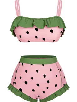 Hot Retro Stage Red 1950s Strawberry Ruffle Strap Swimsuit