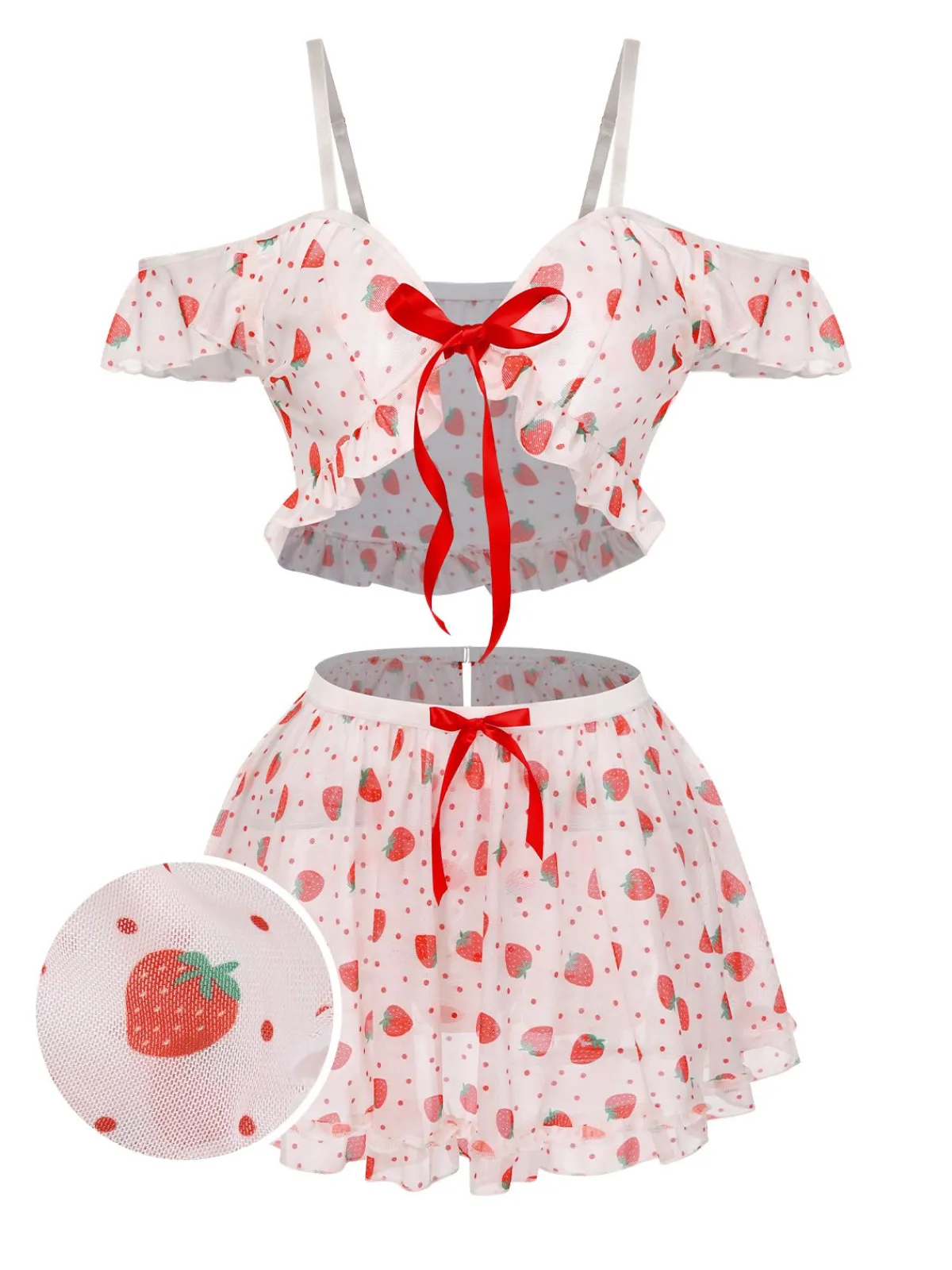 Online Retro Stage 1960s Strawberry Ruffles Cold-Shoulder Pajamas Red