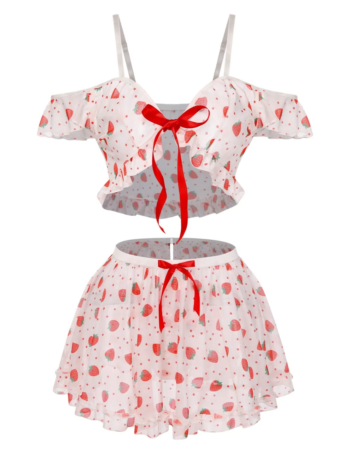 Online Retro Stage 1960s Strawberry Ruffles Cold-Shoulder Pajamas Red