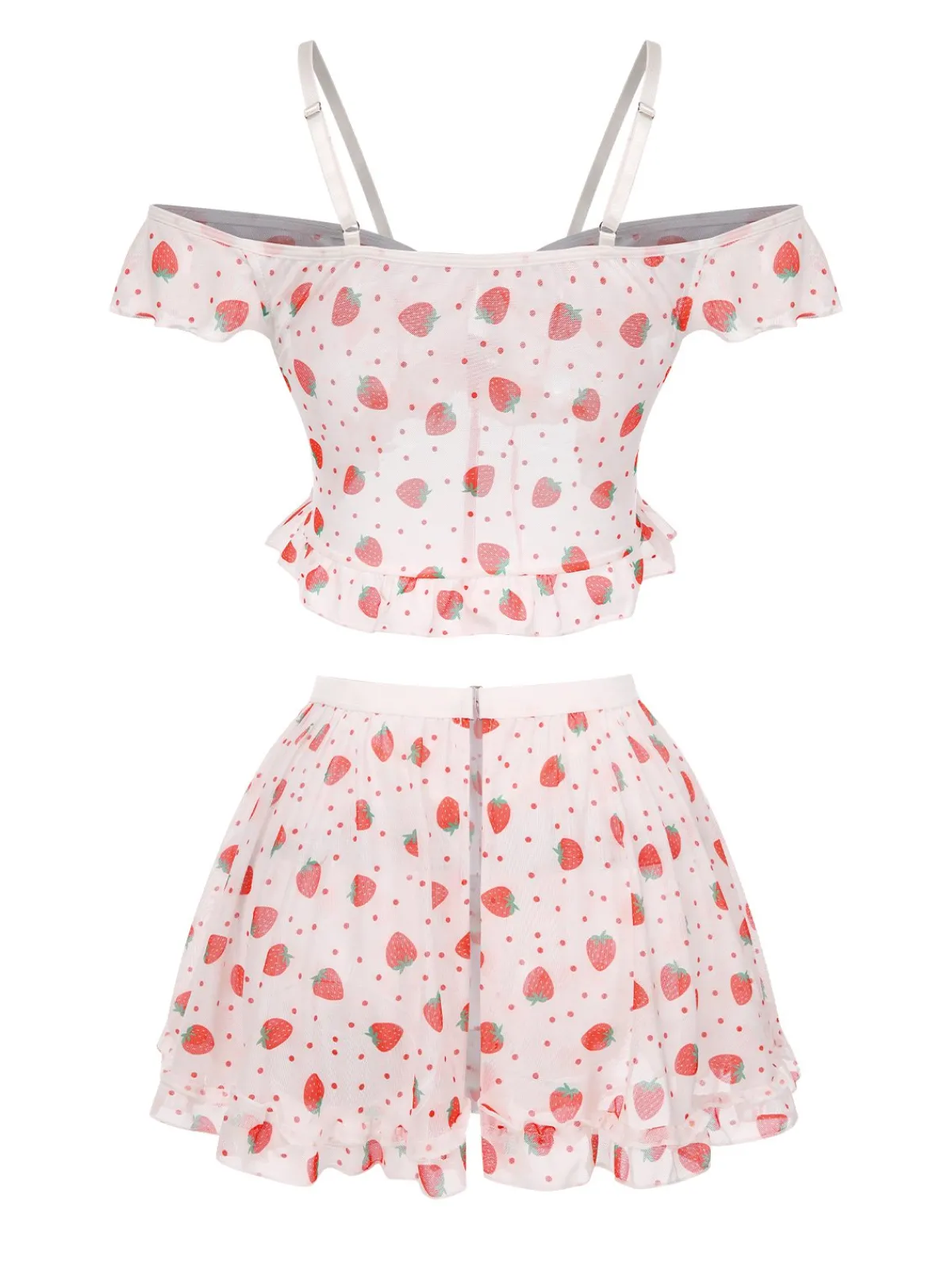 Online Retro Stage 1960s Strawberry Ruffles Cold-Shoulder Pajamas Red