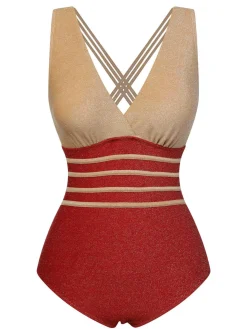 Online Retro Stage 1950s Stripe Patchwork One-Piece Swimsuit Red