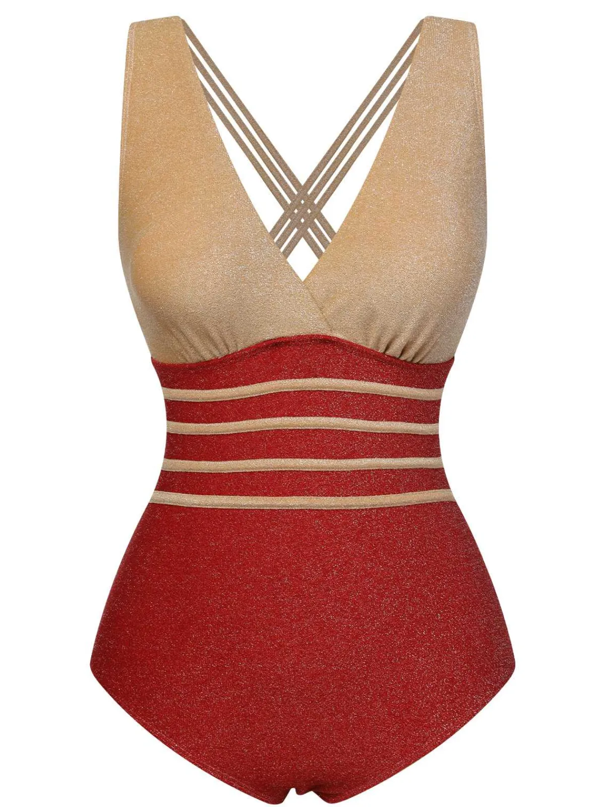 Online Retro Stage 1950s Stripe Patchwork One-Piece Swimsuit Red