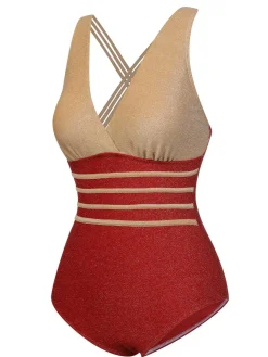 Online Retro Stage 1950s Stripe Patchwork One-Piece Swimsuit Red