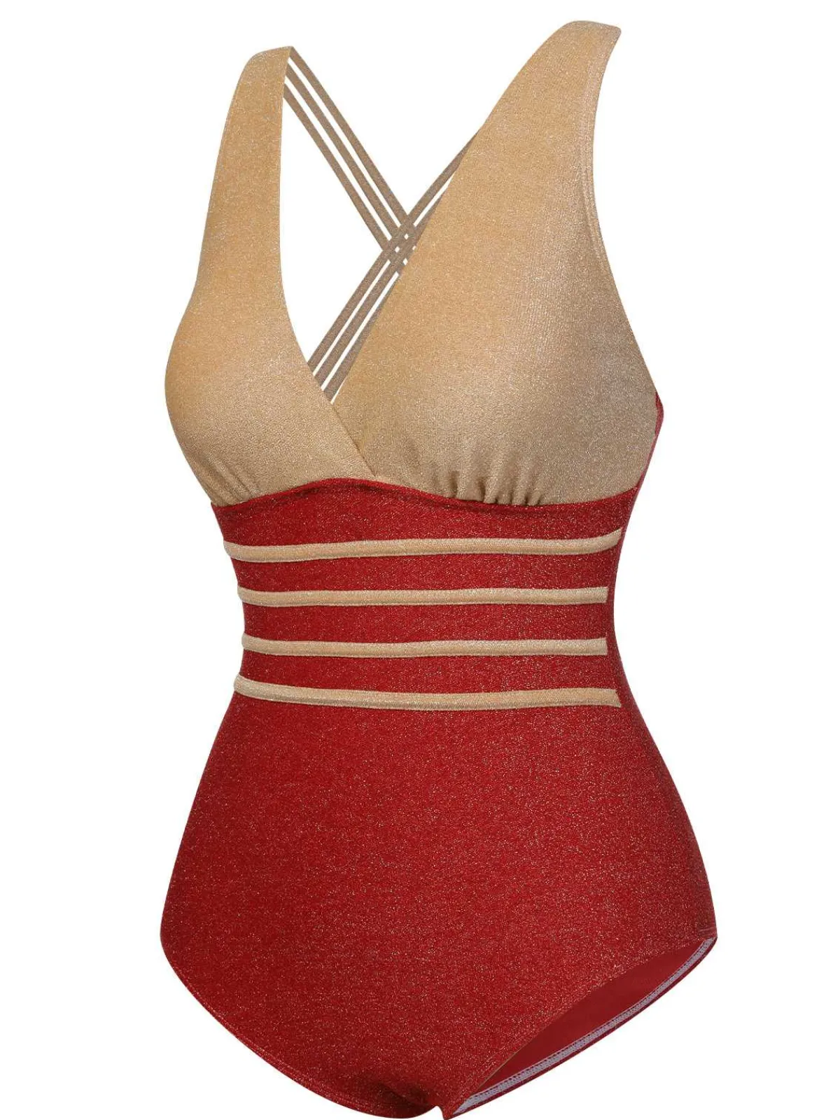 Online Retro Stage 1950s Stripe Patchwork One-Piece Swimsuit Red