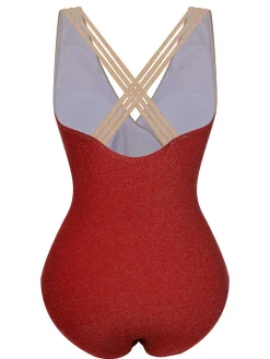 Online Retro Stage 1950s Stripe Patchwork One-Piece Swimsuit Red