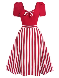 Clearance Retro Stage Red 1950s Striped Bow Dress