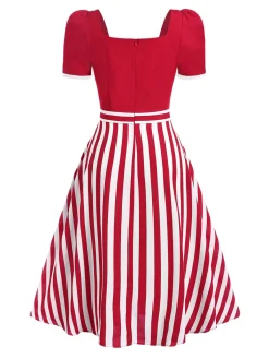 Clearance Retro Stage Red 1950s Striped Bow Dress