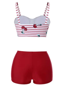 Clearance Retro Stage 1950s Striped Cherry Strap Swimsuit Red