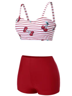 Clearance Retro Stage 1950s Striped Cherry Strap Swimsuit Red