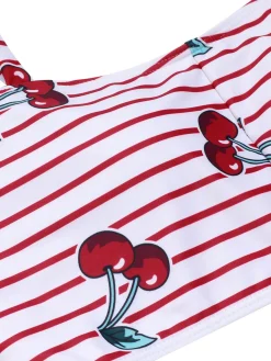 Clearance Retro Stage 1950s Striped Cherry Strap Swimsuit Red