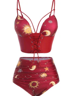 Outlet Retro Stage Red 1940s Sun Moon Stars Lace-Up Swimsuit