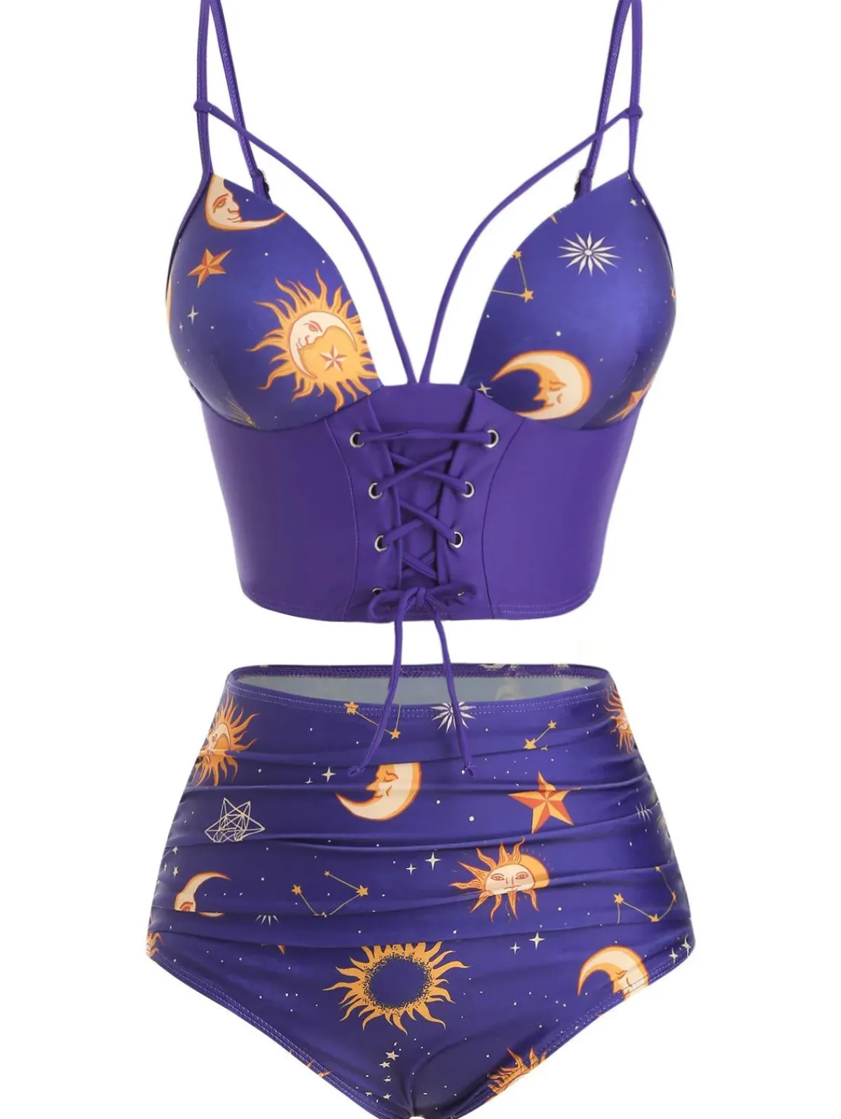 Outlet Retro Stage Red 1940s Sun Moon Stars Lace-Up Swimsuit