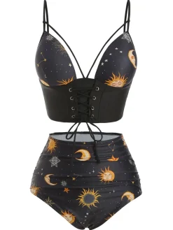 Outlet Retro Stage Red 1940s Sun Moon Stars Lace-Up Swimsuit