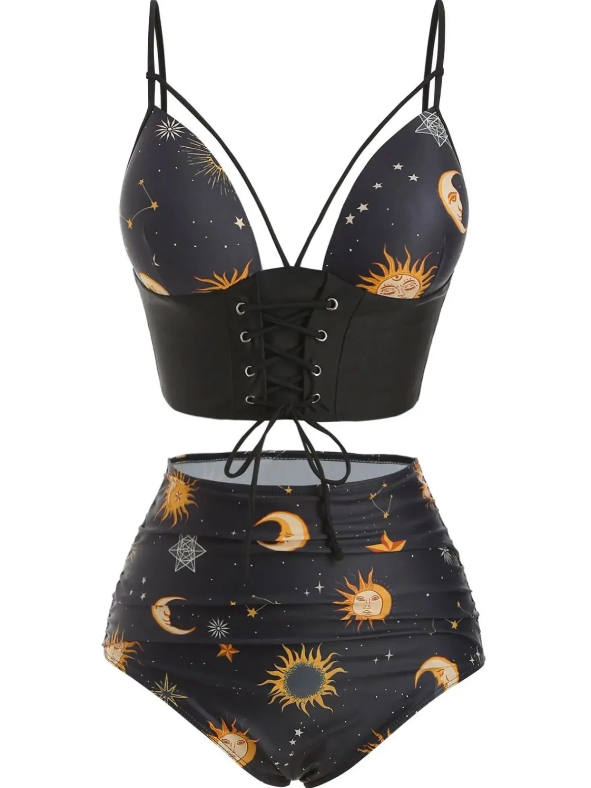 Outlet Retro Stage Red 1940s Sun Moon Stars Lace-Up Swimsuit