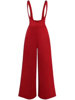 Clearance Retro Stage 1970s Suspender Wide-Leg Solid Pants Red