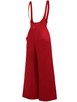 Clearance Retro Stage 1970s Suspender Wide-Leg Solid Pants Red