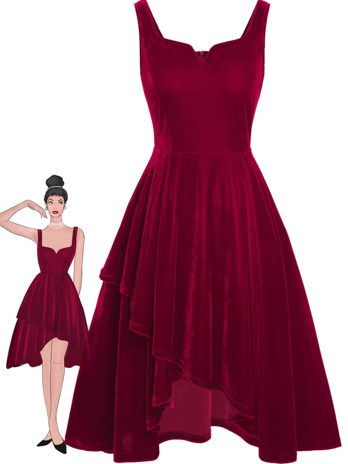 Outlet Retro Stage 1950s Sweetheart Collar Velvet Strap Dress Red