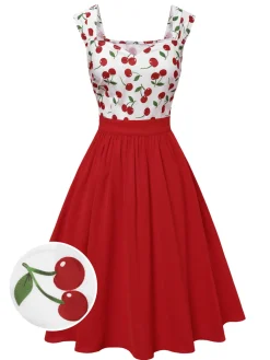 Online Retro Stage 1950s Sweetheart Neck Cap-Sleeve Cherry Dress Red