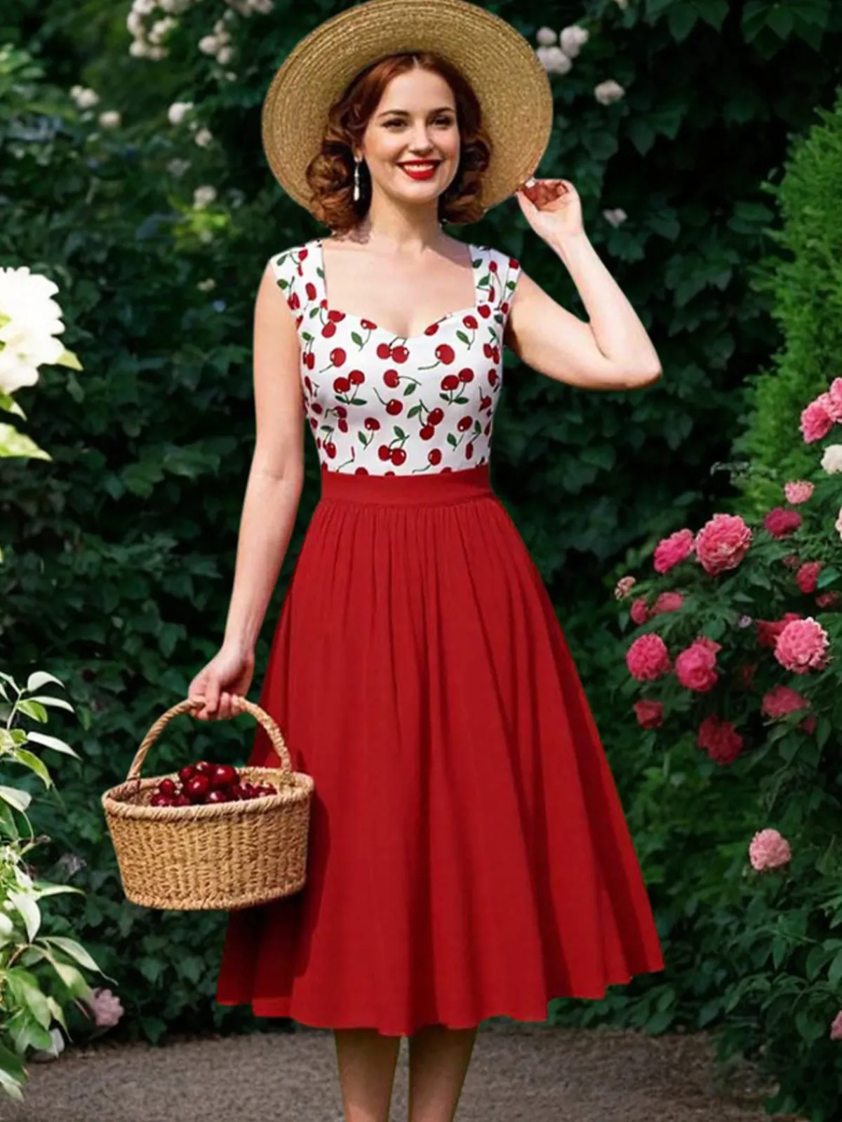 Online Retro Stage 1950s Sweetheart Neck Cap-Sleeve Cherry Dress Red