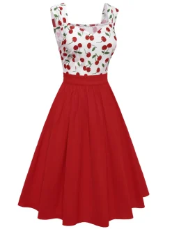Online Retro Stage 1950s Sweetheart Neck Cap-Sleeve Cherry Dress Red