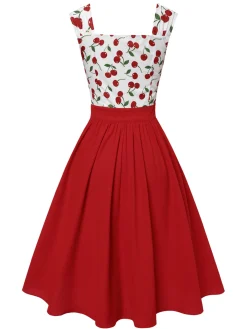 Online Retro Stage 1950s Sweetheart Neck Cap-Sleeve Cherry Dress Red