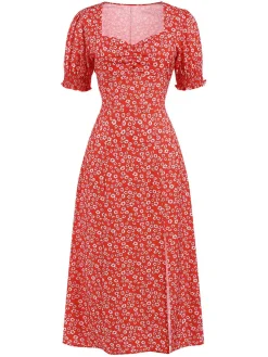 Outlet Retro Stage 1940s Sweetheart Neck Ditsy Floral Slit Dress Red