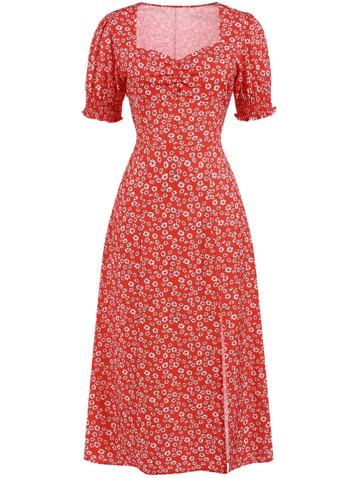 Outlet Retro Stage 1940s Sweetheart Neck Ditsy Floral Slit Dress Red