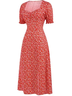 Outlet Retro Stage 1940s Sweetheart Neck Ditsy Floral Slit Dress Red