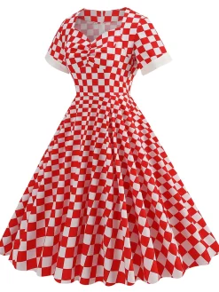 Fashion Retro Stage 1950s Sweetheart Neck Plaids Dress Red